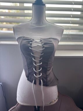 Strapless Lace-Up Corset Top in Charcoal Gray